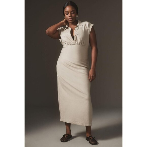 NWT Anthropologie Cap-Sleeve V-Neck Dress 3X Midi $168 Linen Blend Tan - Picture 1 of 7